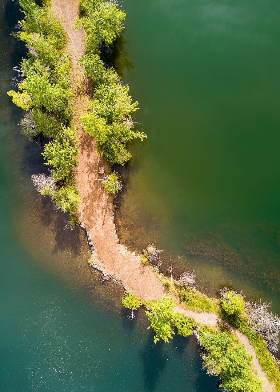 aerial view of beach, high angle photo of land pathway between body of water