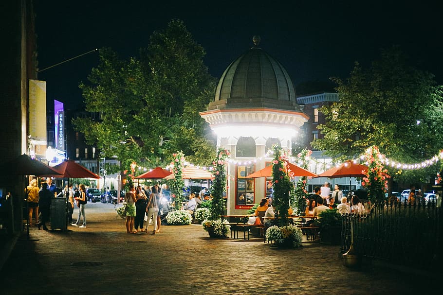 people standing beside building at night, people gathering on park HD wallpaper