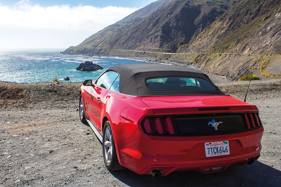 view, drive, west coast, california, ford mustang, red, car, HD wallpaper
