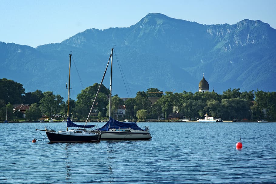 Landscape, Chiemgau, Chiemsee, Bavaria, nature, mountains, boats HD wallpaper