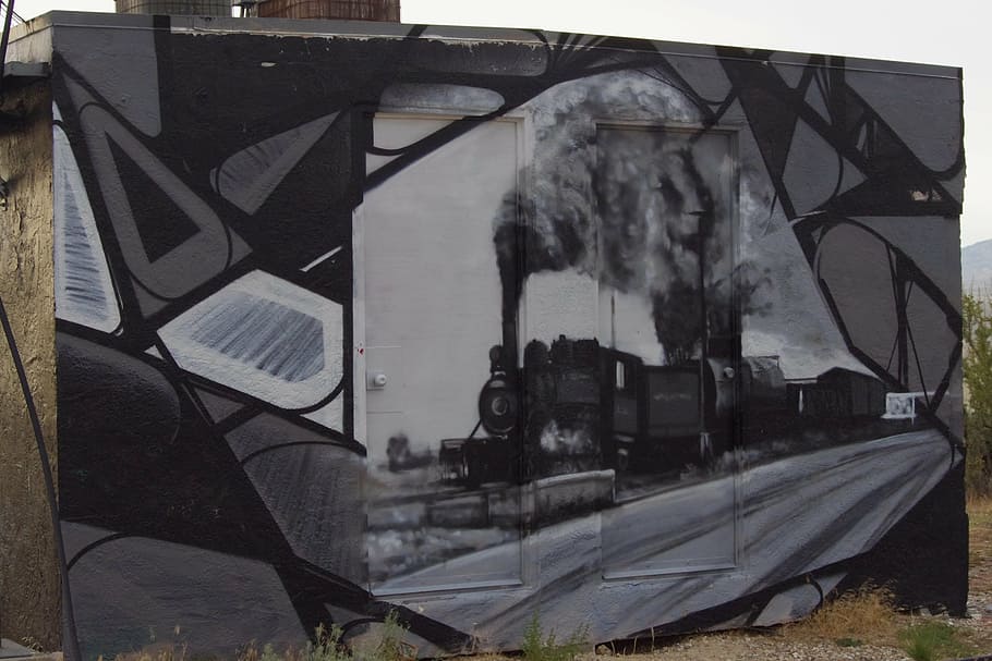 train, steam, painting, railroad, smoke, engine, graffiti, architecture
