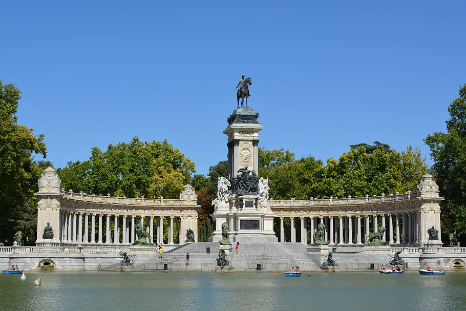 park, madrid, monument, spain, woods, water, architecture, built structure HD wallpaper