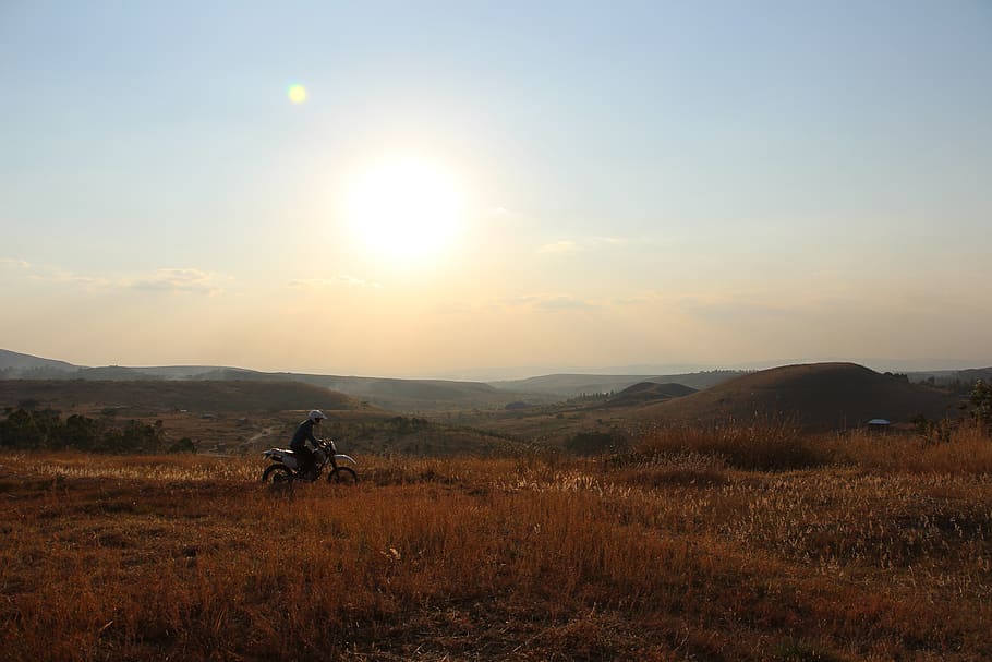 landscape, idyll, motorcycle, sunset, sky, field, real people HD wallpaper