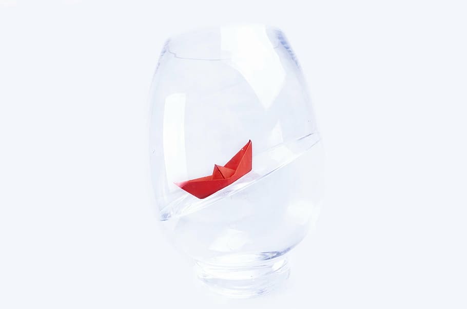 red boat origami in round clear glass cup, ship, away, vase HD wallpaper