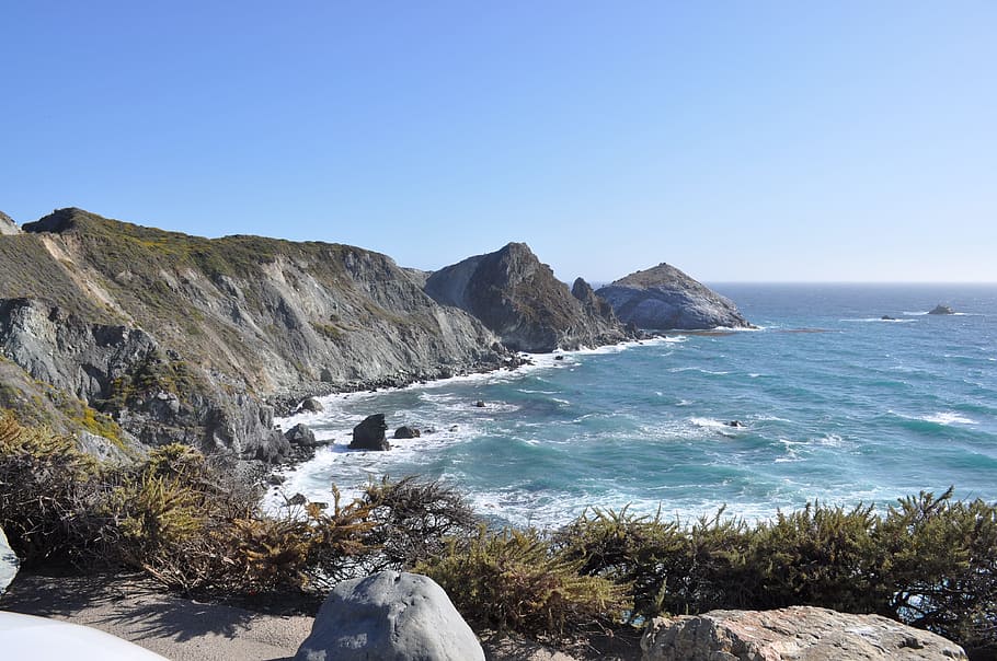 Sea, Wave, Coast, Beach, Waters, Stones, hill, rock, california HD wallpaper