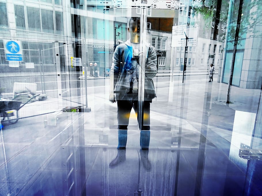 city, man, street, outside, architecture, blur, modern, reflection HD wallpaper
