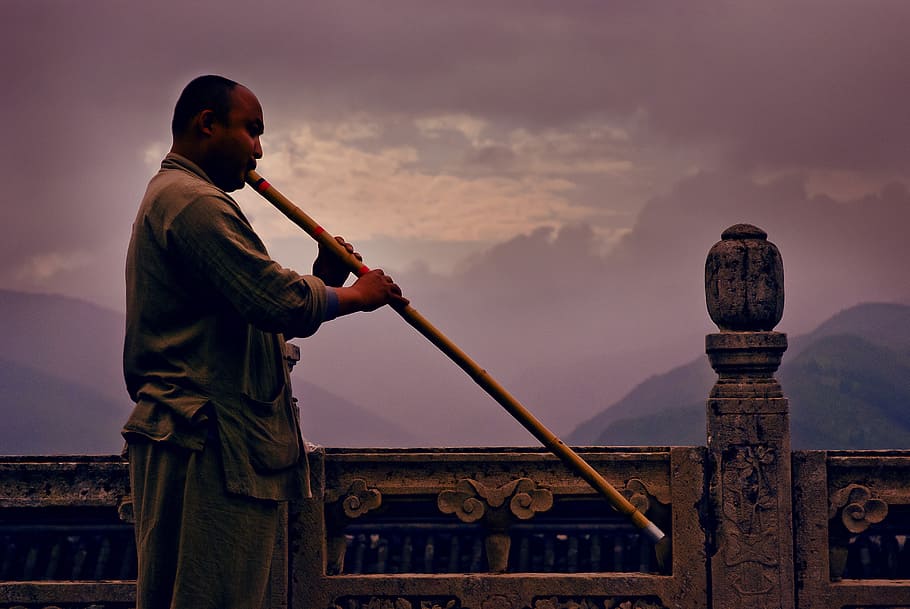 sunset, xiao, buddhist monk, sky, cloud - sky, one person, architecture HD wallpaper