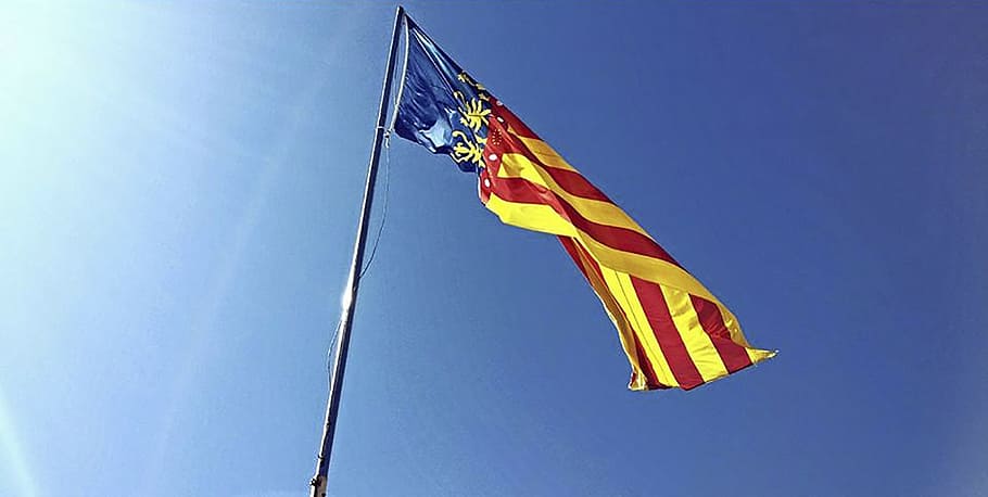 flag, valencia, spain, patriotism, sky, blue, wind, low angle view HD wallpaper