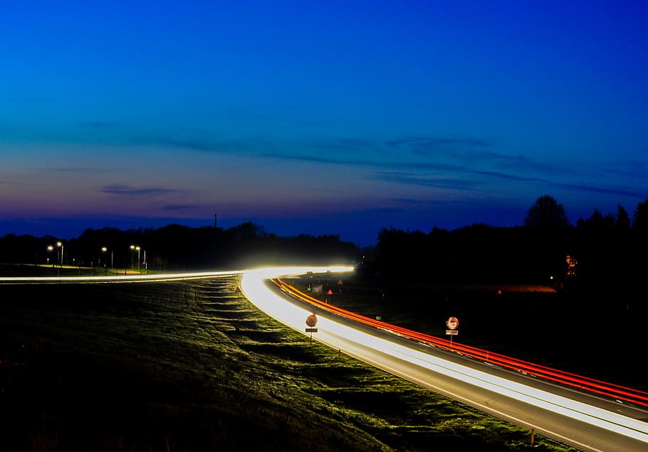 traffic, lights, night, long exposure, transportation, road HD wallpaper