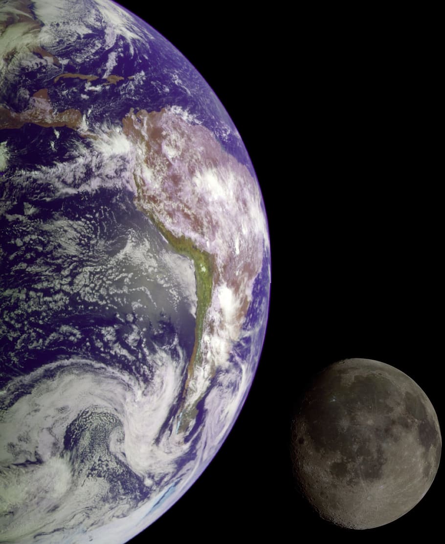 Earth near moon on outer space, blue planet, globe, earth and moon