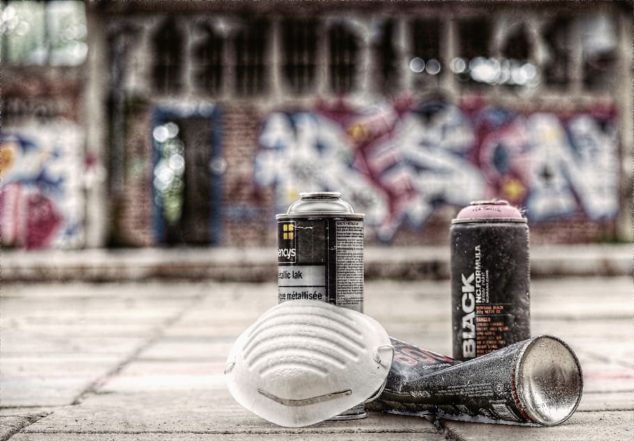 two black spray cans, graffiti, sprayer, mask, sprayer utensils HD wallpaper