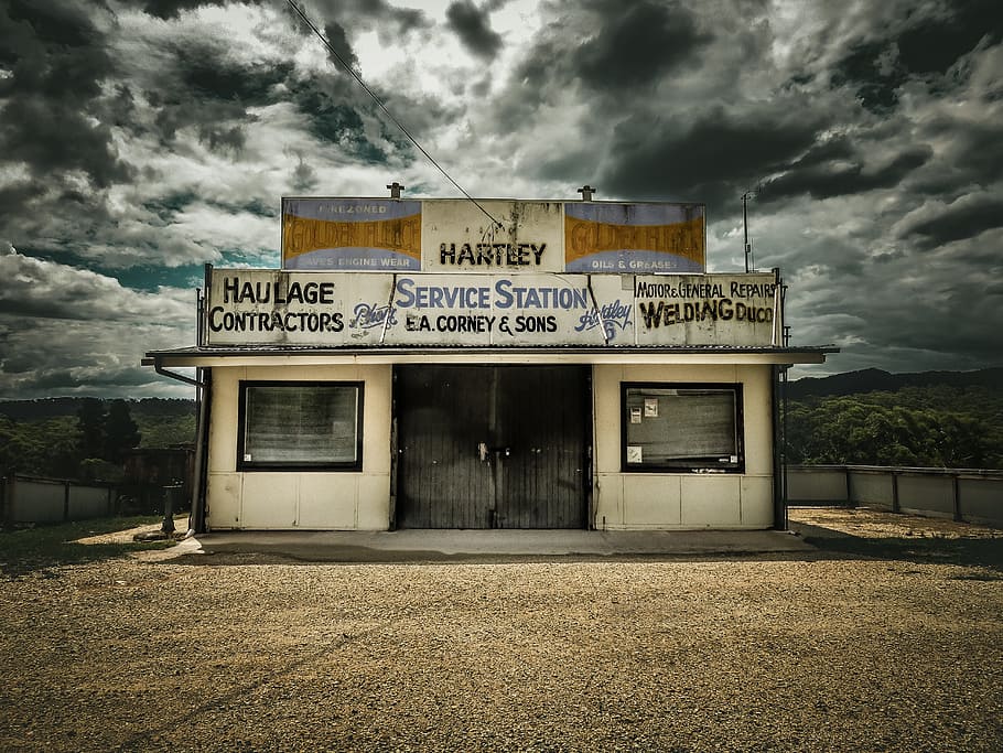 shop, station, dark, clouds, sky, establishment, cloud - sky HD wallpaper