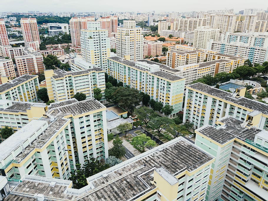 aerial photo of white, blue, and orange high rise buildings, city aerial photography HD wallpaper