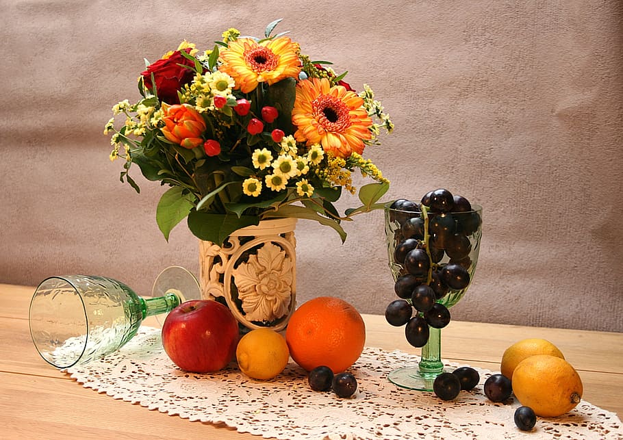 fruit, food, table, still life, freshness, flower, flowering plant HD wallpaper