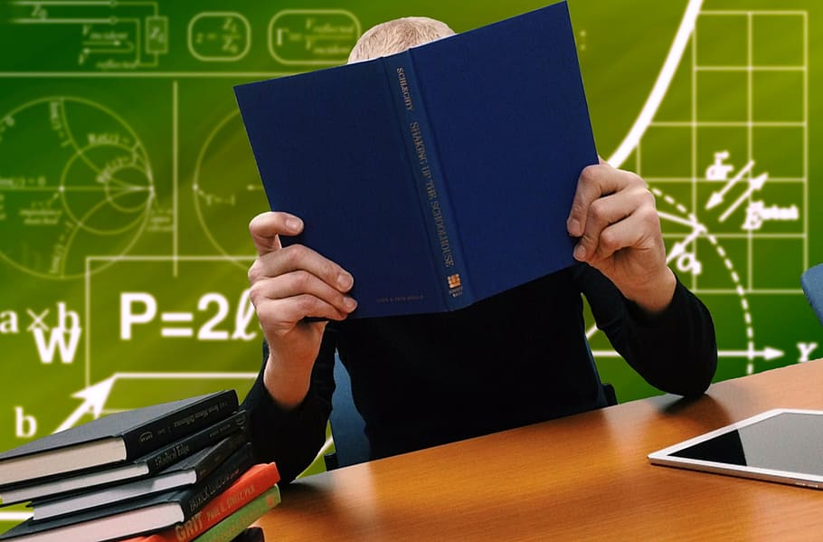 person reading book, school, study, learn, books, formulas HD wallpaper