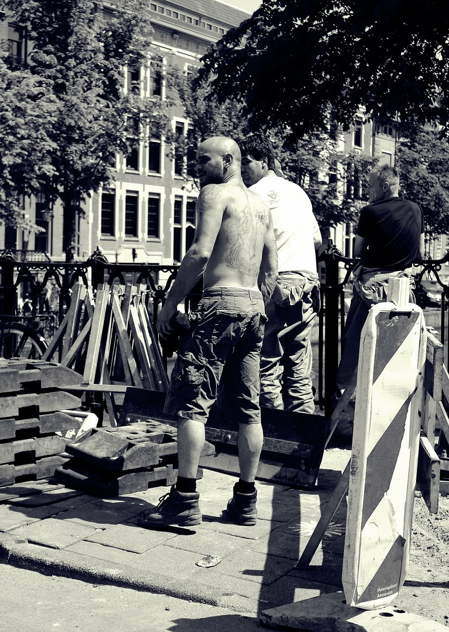 city, construction work, site, build, real people, men, rear view HD wallpaper