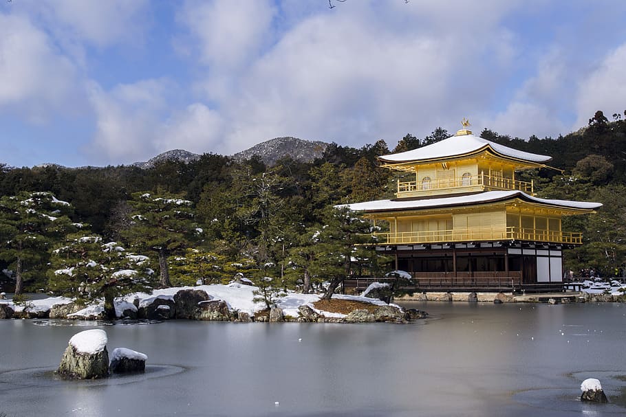 Temple Near Body Of Water Surrounded By Trees With Mountain Background HD wallpaper