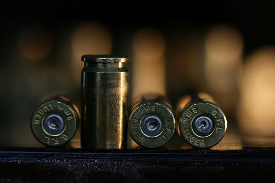 brass-colored bullet between bullets, shell, weapon, shot, ammunition, HD wallpaper