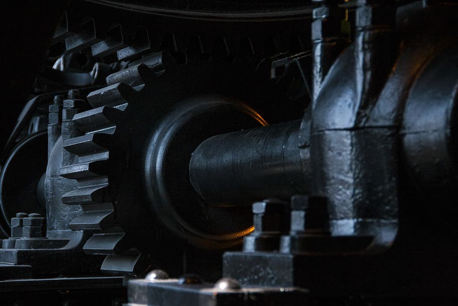 close-up photography of black metal gears, gray metal gear, machine, HD wallpaper