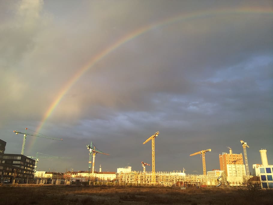 rainbow, baukran, thunderstorm, cloud - sky, building exterior HD wallpaper
