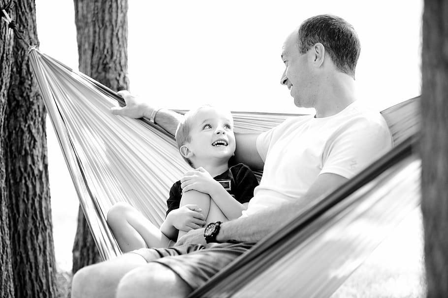 grayscale photograph of father and son in hammock, boy, child HD wallpaper