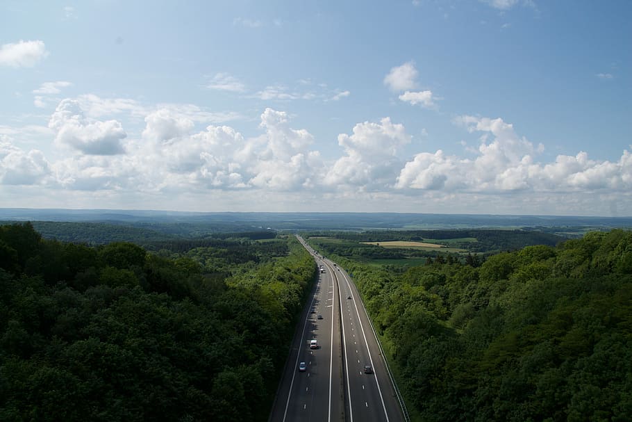 aerial photography of roads surrounded by trees, aerial view photography of highway under blue sky HD wallpaper