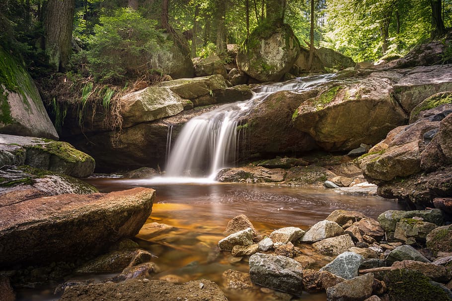 time lapse photography of waterfalls in the forest, river, long exposure HD wallpaper