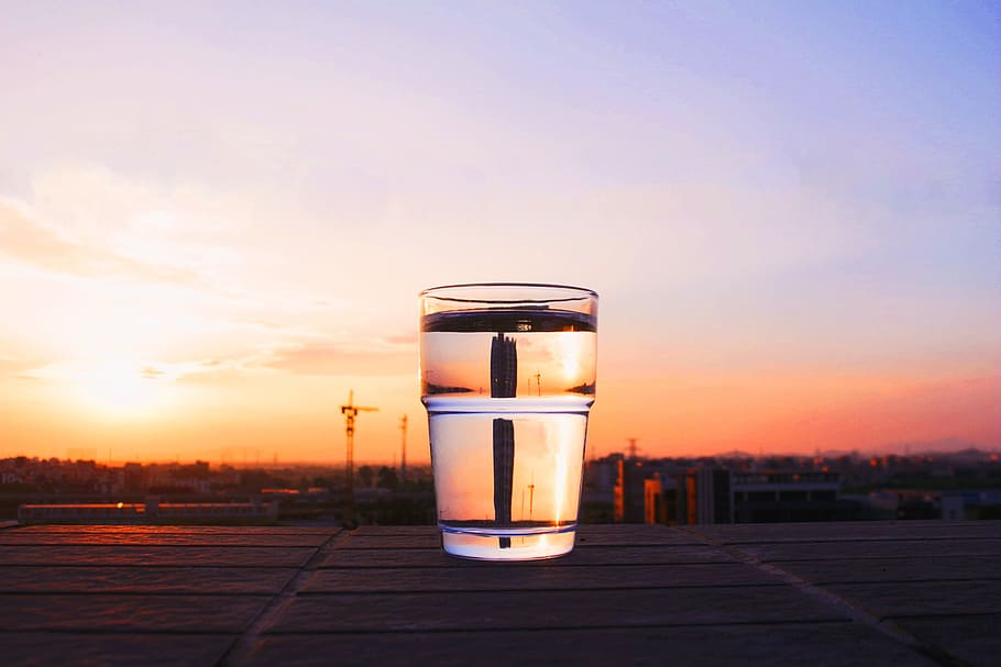 Water, Glasses, Sunset, Campus, water glasses, sky, drinking glass HD wallpaper