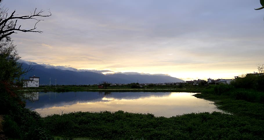 sunset, cangshan, reflection, sky, water, scenics - nature HD wallpaper