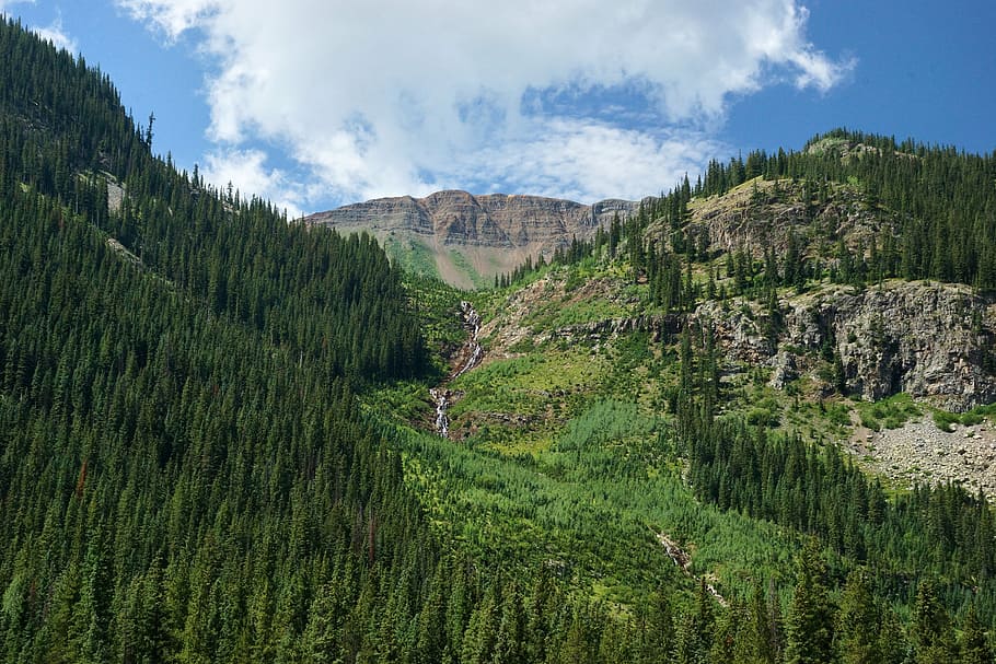 mountains under blue sky, landscape, waterfall, green, outdoor HD wallpaper