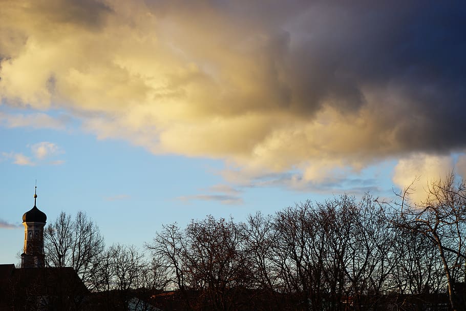 Sky, Clouds, Steeple, cloudiness, city view, trees, yellow HD wallpaper
