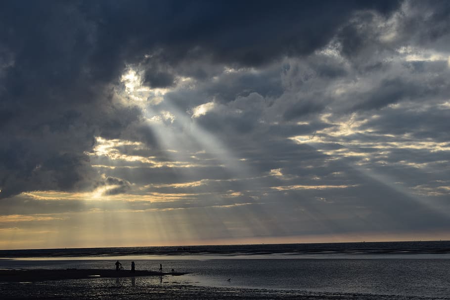 sunset, clouds, light, dramatic, sky, sea, darkness, ray, cloud - sky HD wallpaper