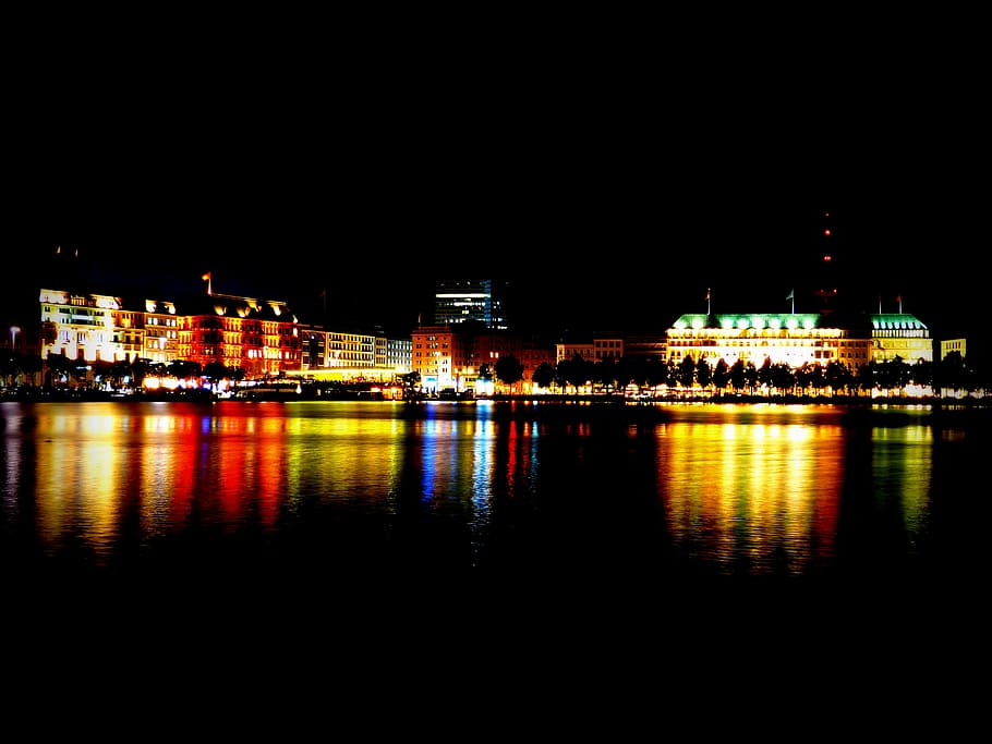 alster, night, hamburg, city, illuminated, water, reflection