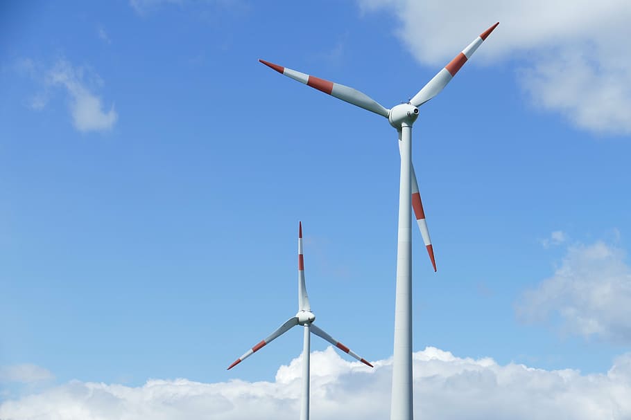 wind power, landscape, clouds, sky, blue, beautiful, sunbeam HD wallpaper