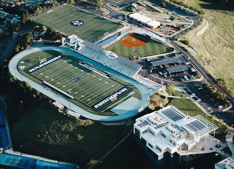 aerial view of Warriors football stadium, aerial photography of football field near building at daytime, HD wallpaper