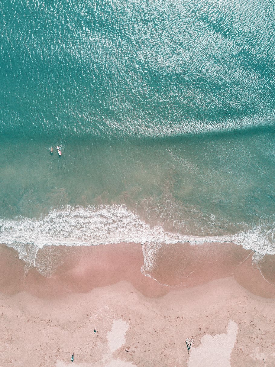 aerial photography of people surfing on seashore during daytime, bird's eye view of seashore HD wallpaper