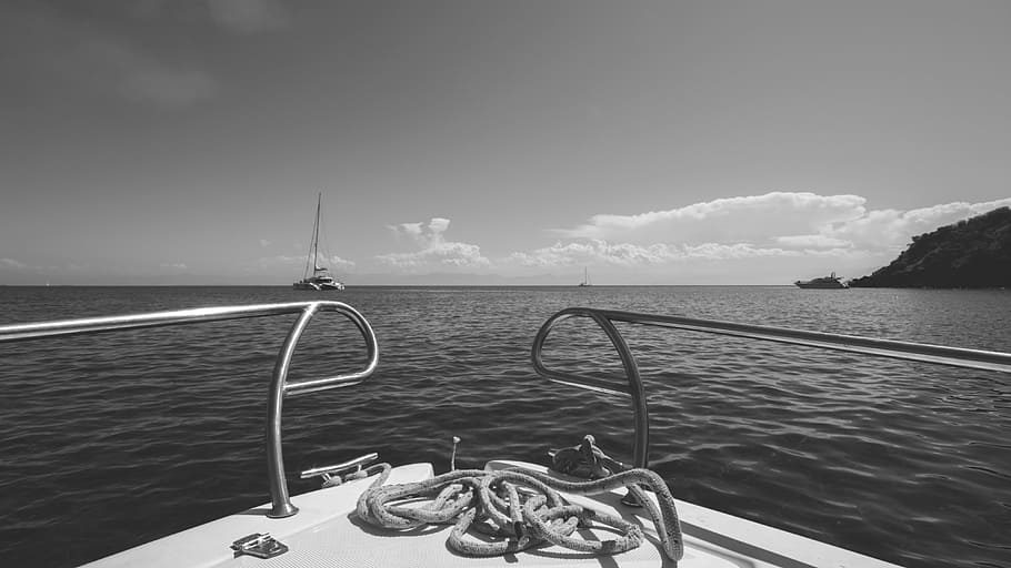 grayscale photography of boat near island, water, sea, lipari