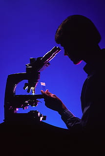 person using microscope, scientist with microscope, silhouettes HD wallpaper