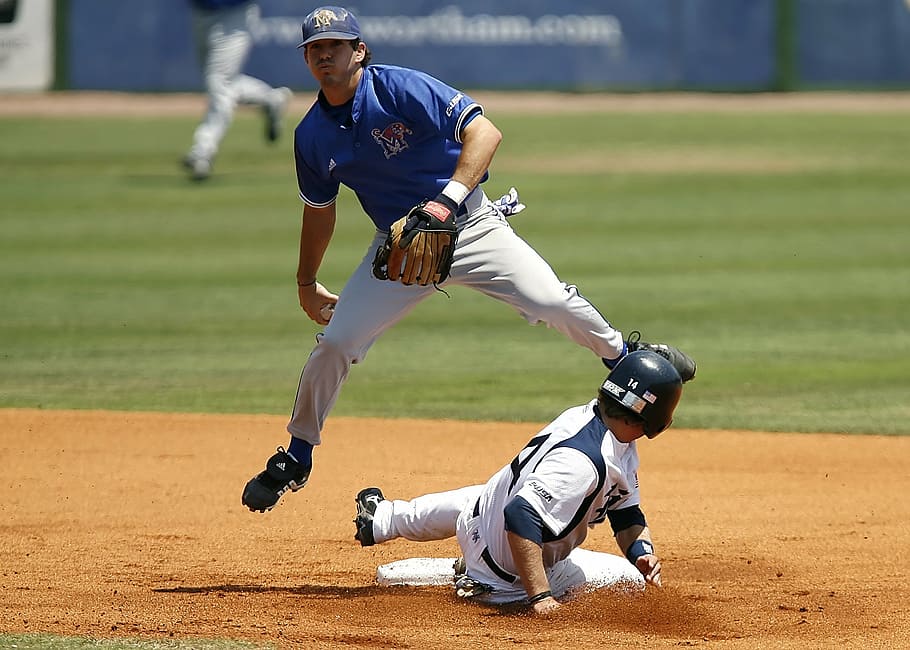baseball, player, slide, game, sport, athlete, grass, playing HD wallpaper