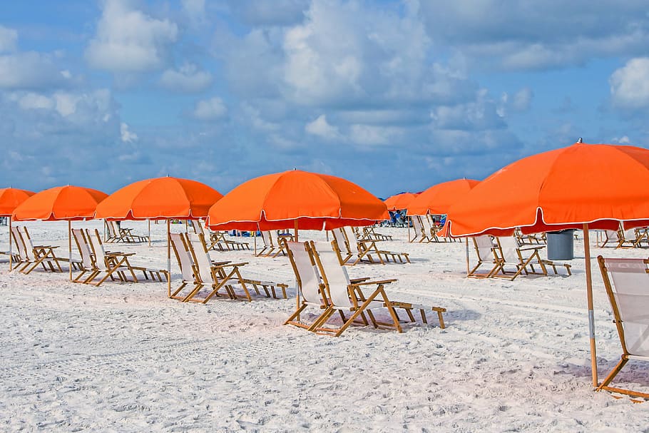 sun loungers with orange umbrellas, beach, landscape, sand HD wallpaper