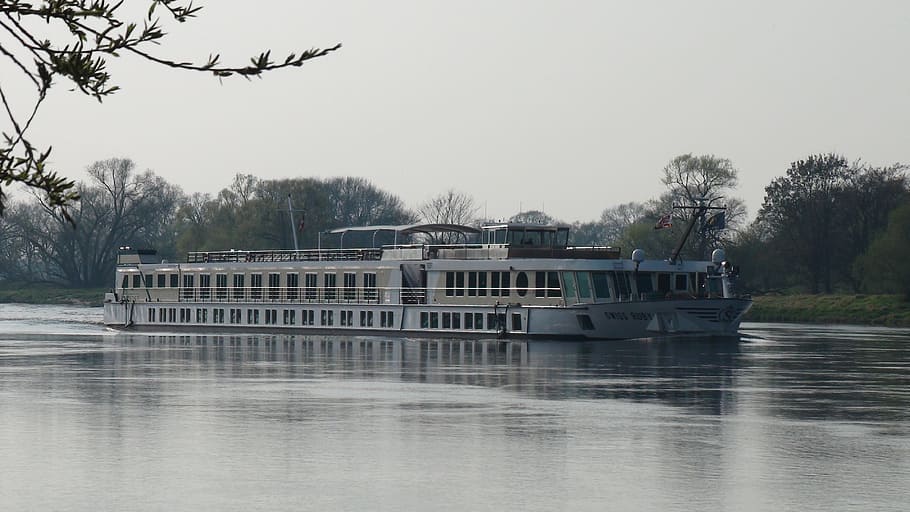ferry, river, sky, tree, water, transportation, nautical vessel HD wallpaper