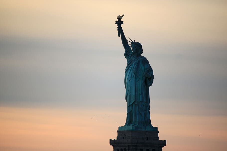 Statue of Liberty, New York, sunset, united states, backlight, HD wallpaper