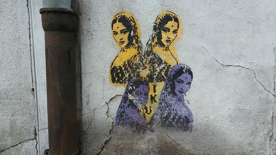 wall with painting of woman, four women stickers on wall, concrete HD wallpaper