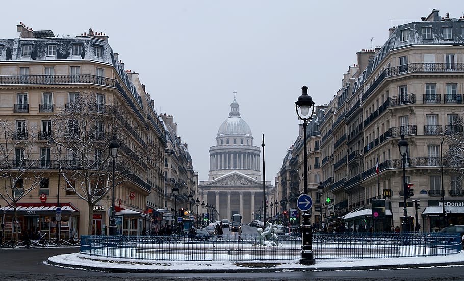 brown buildings, Paris, France, Winter, Snow, street, vehicles, HD wallpaper