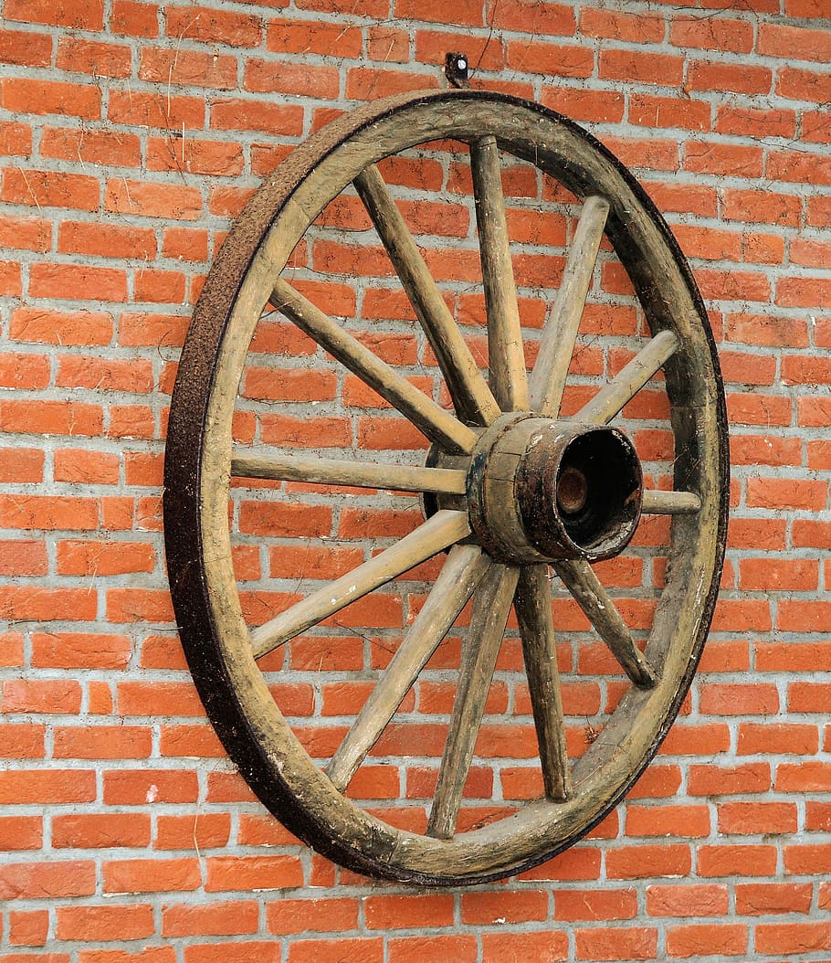 wagon wheel, wall, hauswand, texture, stones, stone wall, background HD wallpaper