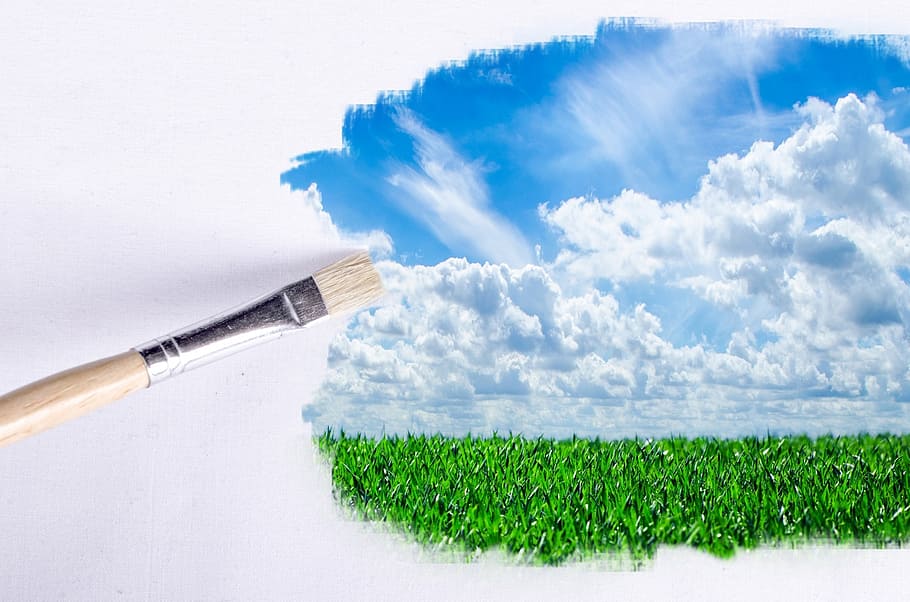 brown wooden paintbrush painting green plant field under white clouds blue sky, HD wallpaper