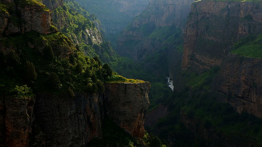 green and brown tree painting, rocky cliff scenery, river, canyon HD wallpaper