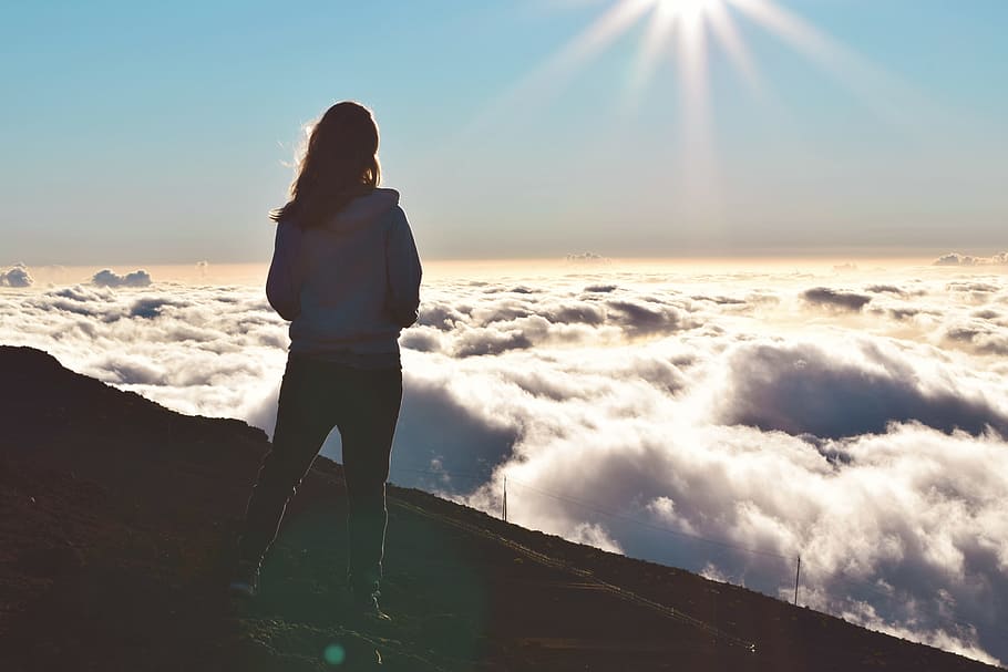 Woman Standing on Mountain, clouds, dawn, daylight, evening, landscape HD wallpaper