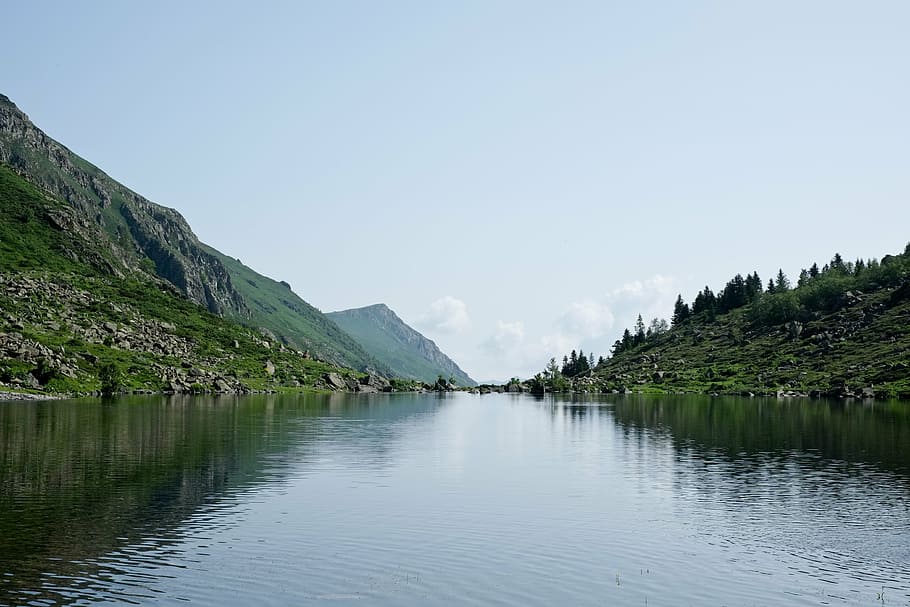 lake, mountain, sky, blue, green, water, landscape, nature HD wallpaper