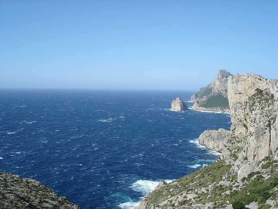 cliff, rock, sea, have, mallorca, creveta la, view, wide, horizon HD wallpaper